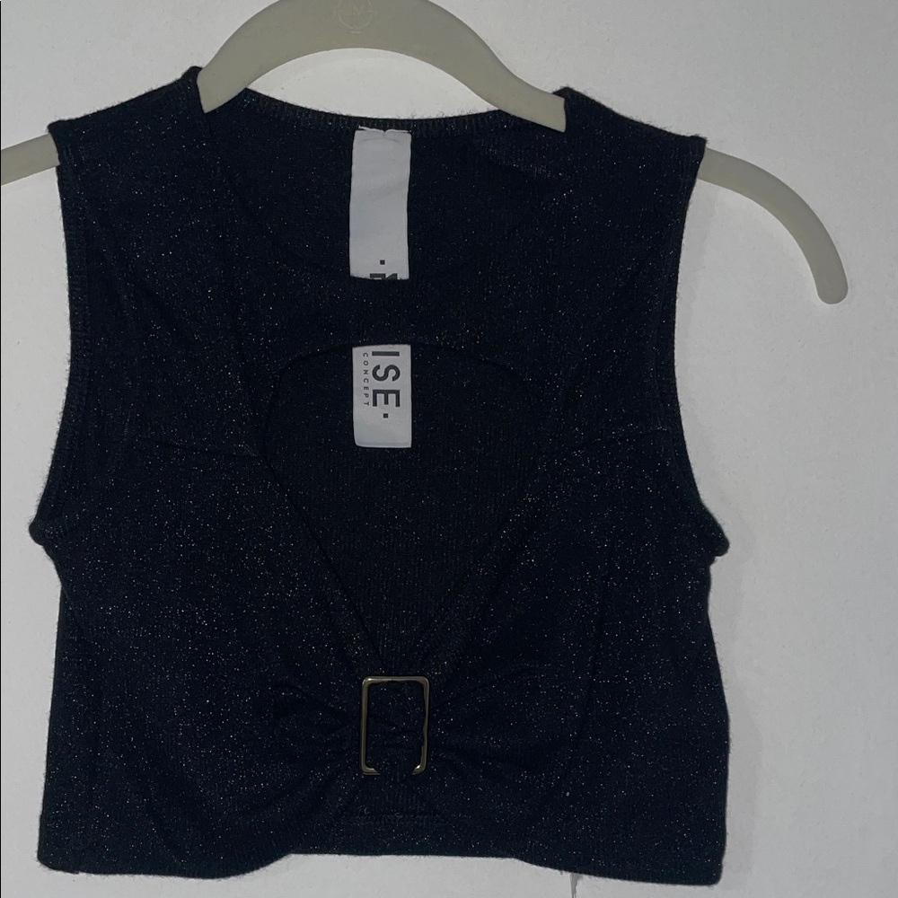 Black shimmery sparkly cropped top with front design and gold buckle